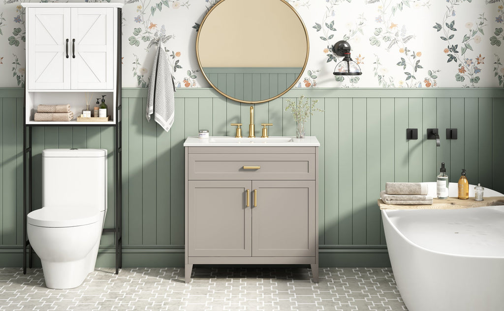 30" Bathroom Vanity with Ceramic Sink Top and Solid Wood Legs - Beige or Wood
