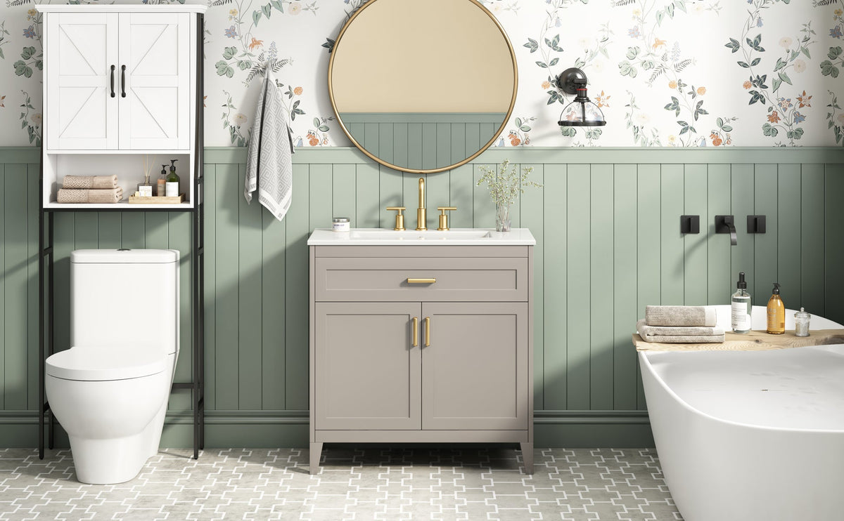 30" Bathroom Vanity with Ceramic Sink Top and Solid Wood Legs - Beige or Wood