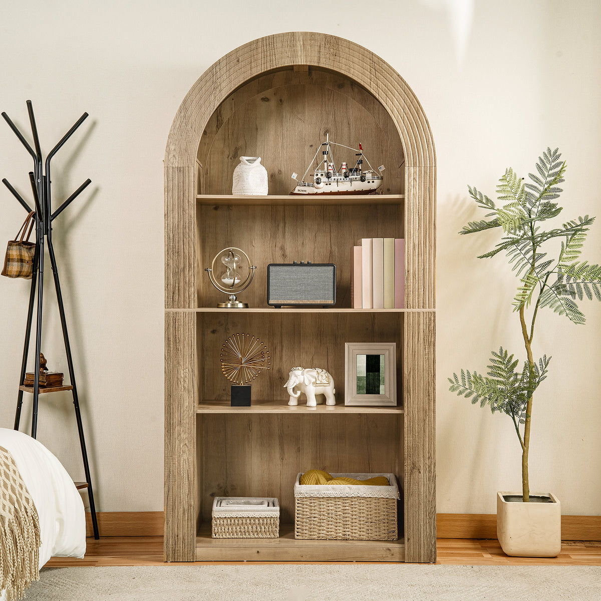 78.74" Tall Arched Bookcase with 4-Tier Shelving - Natural
