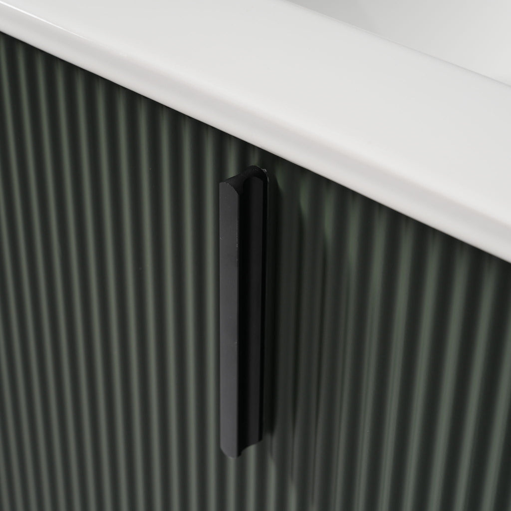 Bathroom Vanity With Ceramic Sink and Fluted Design - Dark Green, White, Light Brown