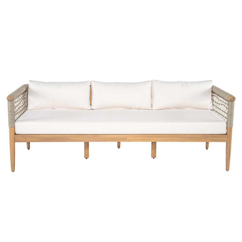 Outdoor Acacia Wood 3-Seater Sofa with Rope Woven Arms - Taupe