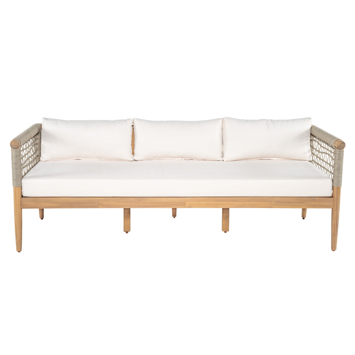 Outdoor Acacia Wood 3-Seater Sofa with Rope Woven Arms - Taupe