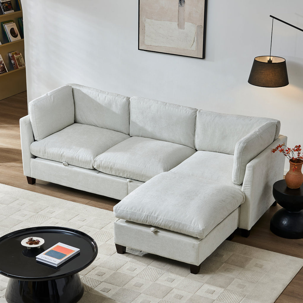 96.5" Chenille Sectional Couch with Spacious Seating - Beige