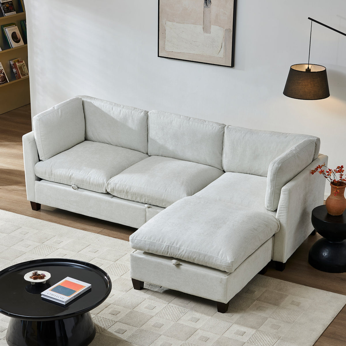 96.5" Chenille Sectional Couch with Spacious Seating - Beige