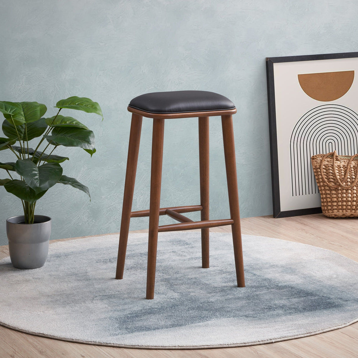 Stylish Design Bar Height Stool with Upholstered Seat - Black or Light Brown