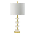 Marble Table Lamp with Brass Frame and White Fabric Shade - White + Gold