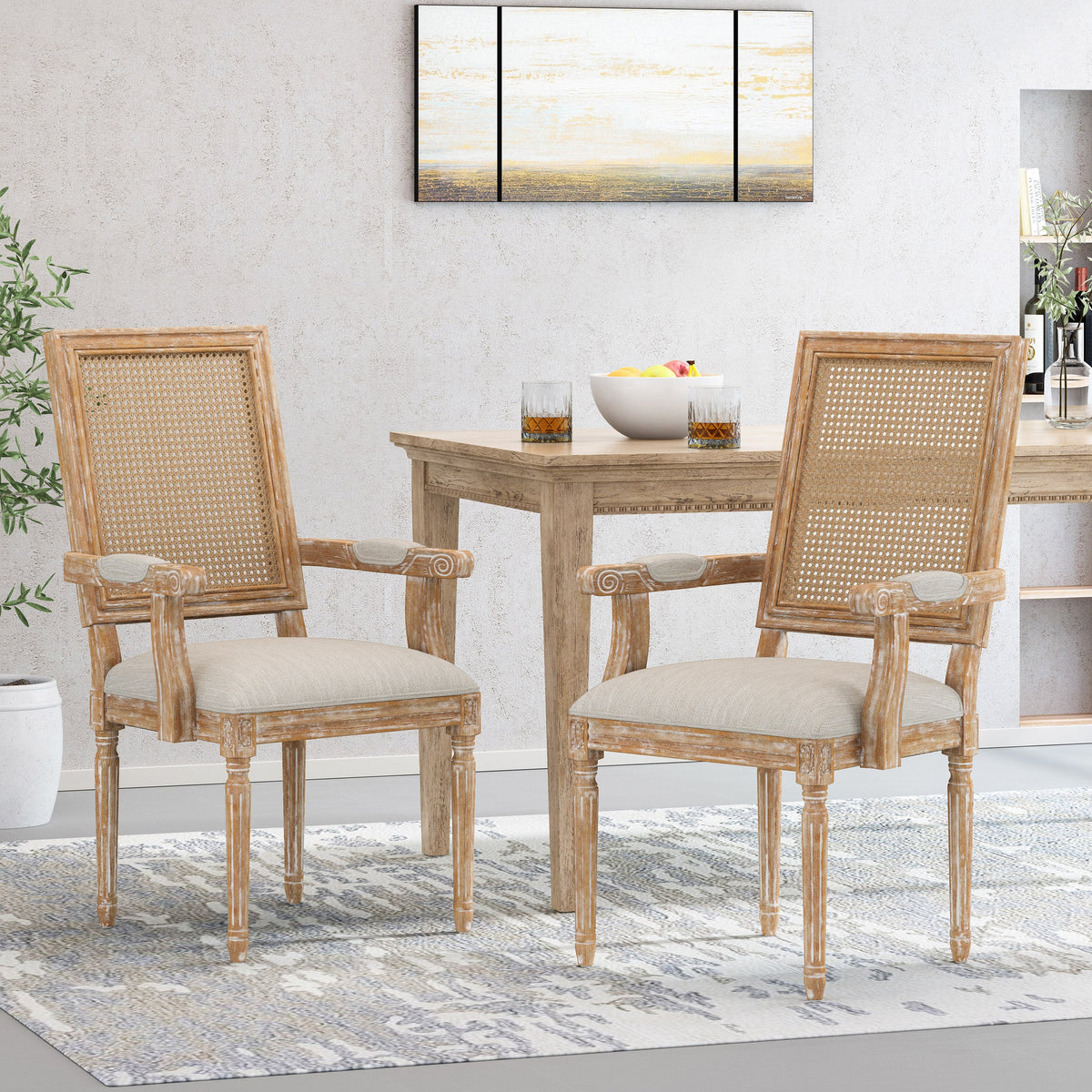 Upholstered Dining Chair with Cane Back - Beige or Light Grey