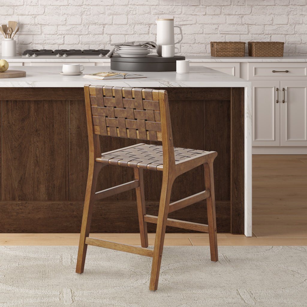Nebuluxe Faux Leather Woven Counter Stool with Solid Wood Frame - Pecan