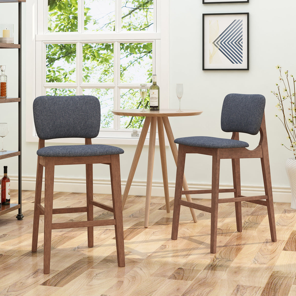 Mid-Century Modern Bar Chair Set with Rubberwood Frame - Charcoal
